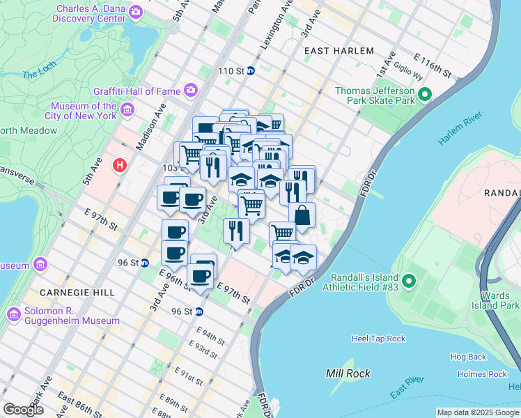 map of restaurants, bars, coffee shops, grocery stores, and more near in New York