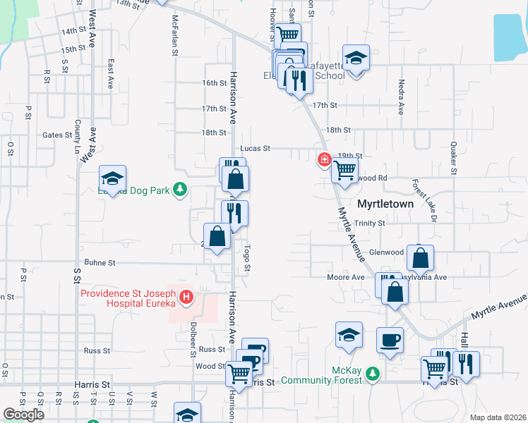 map of restaurants, bars, coffee shops, grocery stores, and more near 2773 Avery Lane in Eureka