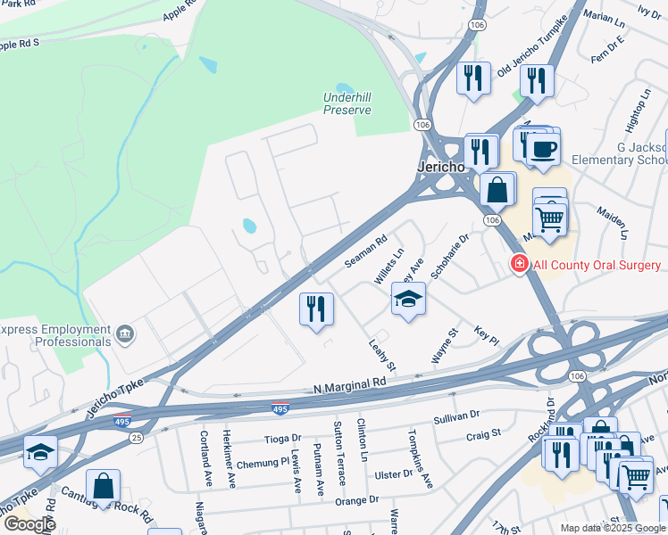 map of restaurants, bars, coffee shops, grocery stores, and more near 105 Seaman Road in Jericho