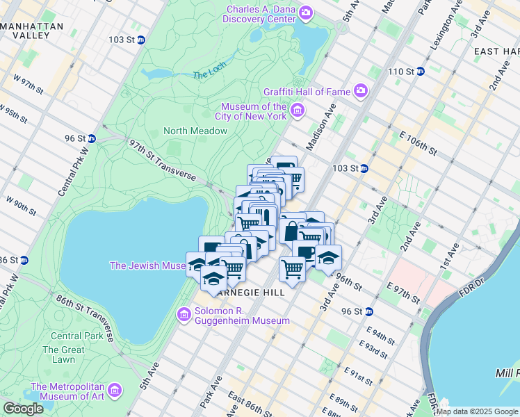 map of restaurants, bars, coffee shops, grocery stores, and more near 9 East 97th Street in New York