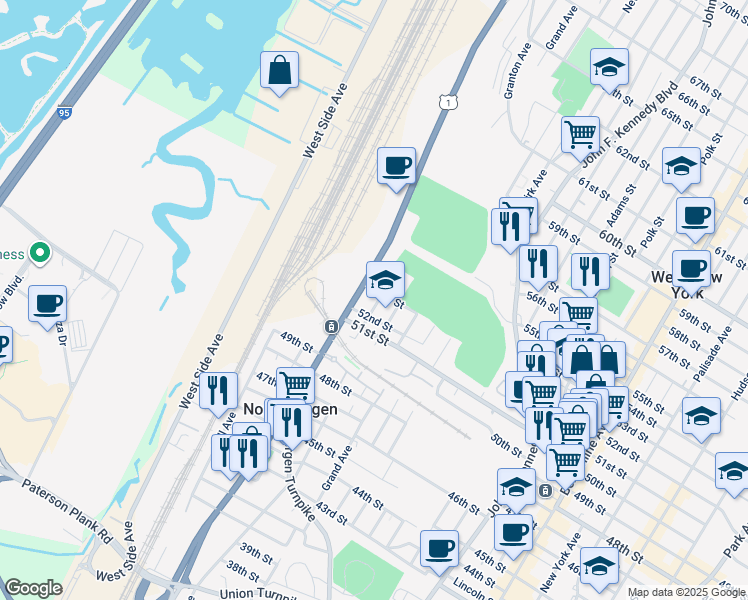 map of restaurants, bars, coffee shops, grocery stores, and more near 1612 52nd Street in North Bergen