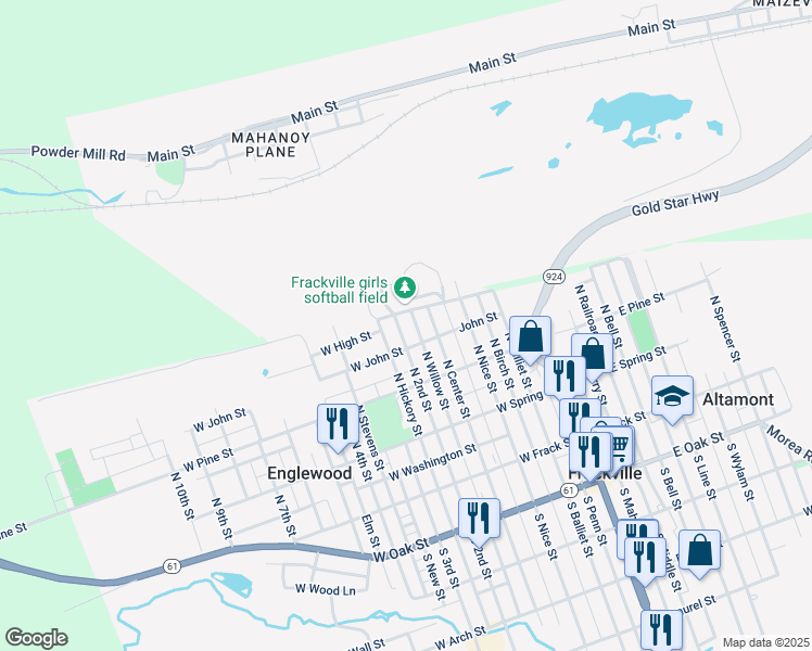 map of restaurants, bars, coffee shops, grocery stores, and more near 323 North 2nd Street in Frackville