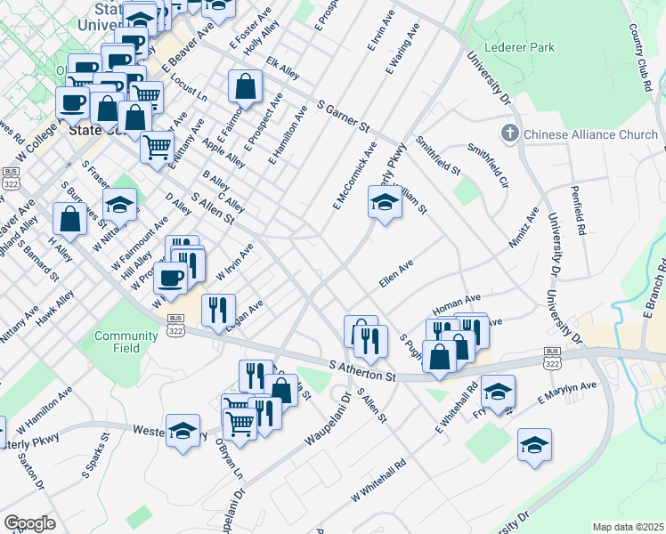 map of restaurants, bars, coffee shops, grocery stores, and more near 217 Easterly Parkway in State College