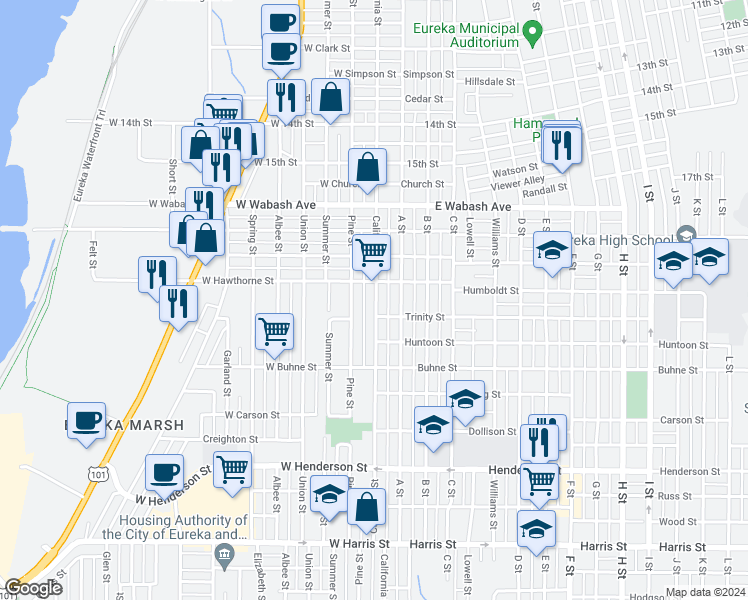 map of restaurants, bars, coffee shops, grocery stores, and more near 16 Trinity Street in Eureka