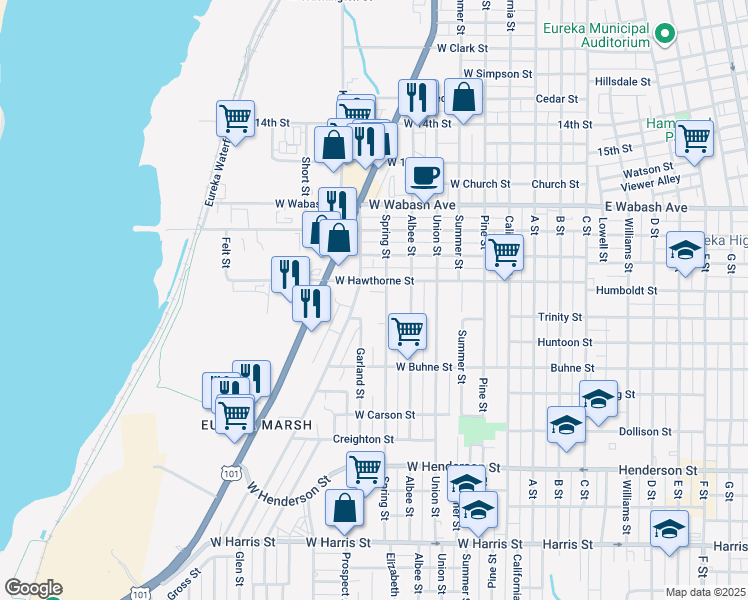 map of restaurants, bars, coffee shops, grocery stores, and more near 2154 Spring Street in Eureka