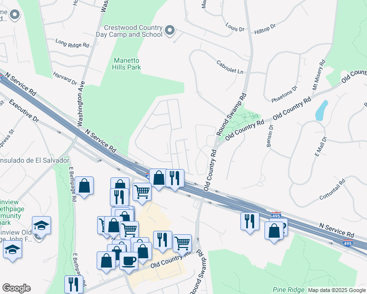 map of restaurants, bars, coffee shops, grocery stores, and more near 135 Carriage Lane in Plainview