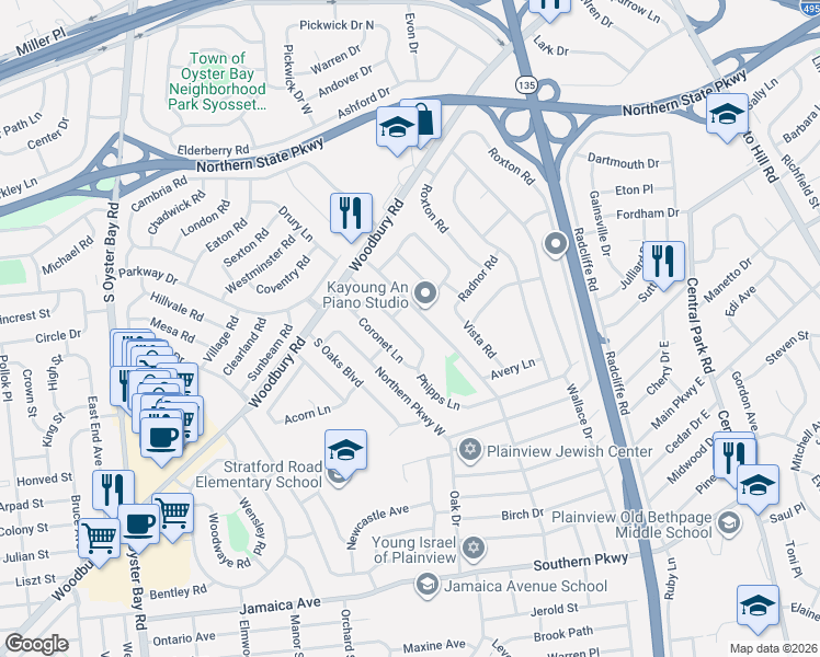 map of restaurants, bars, coffee shops, grocery stores, and more near 26 Phipps Lane in Plainview