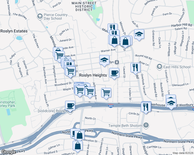 map of restaurants, bars, coffee shops, grocery stores, and more near in Roslyn Heights