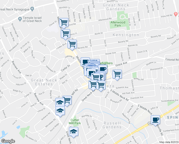 map of restaurants, bars, coffee shops, grocery stores, and more near 8 Bond Street in Great Neck Plaza