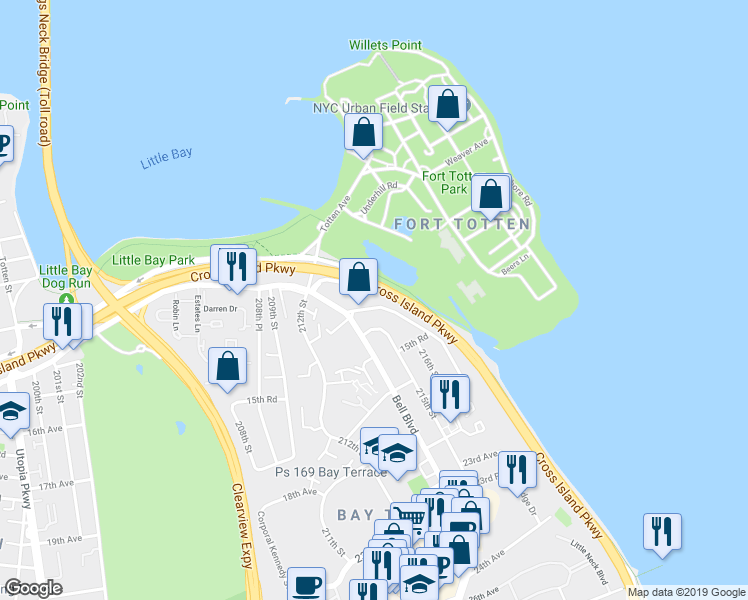 map of restaurants, bars, coffee shops, grocery stores, and more near 14-04 Waters Edge Drive in Queens