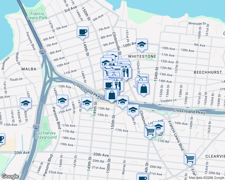 map of restaurants, bars, coffee shops, grocery stores, and more near 150-15 14th Road in Queens