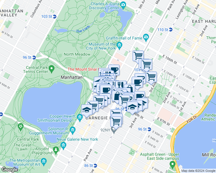 map of restaurants, bars, coffee shops, grocery stores, and more near 53 East 97th Street in New York