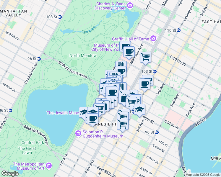 map of restaurants, bars, coffee shops, grocery stores, and more near 12 East 97th Street in New York