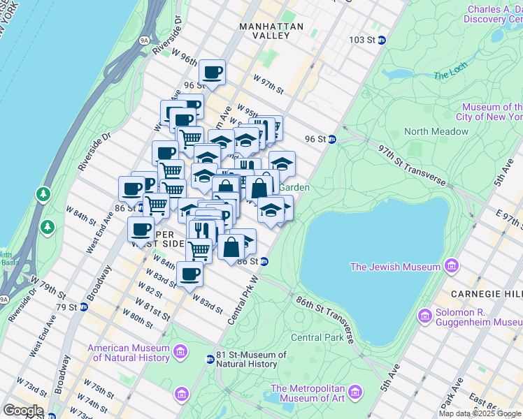 map of restaurants, bars, coffee shops, grocery stores, and more near 47 West 89th Street in New York