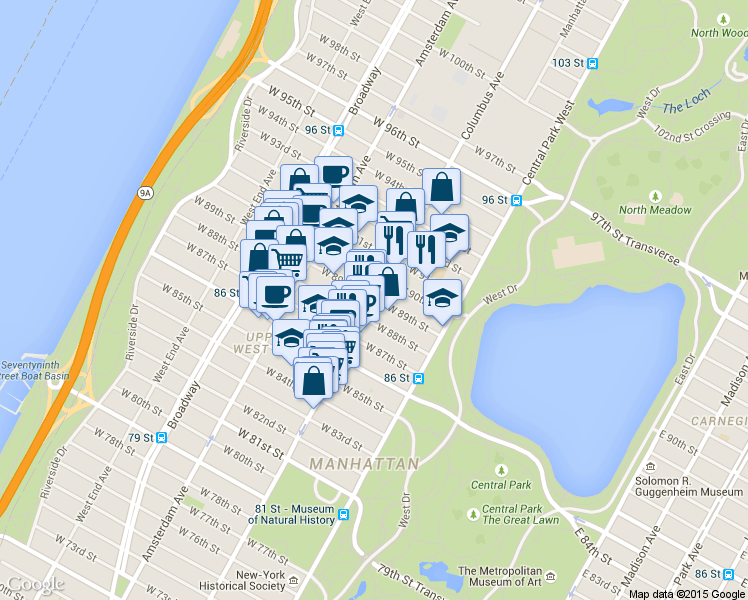 map of restaurants, bars, coffee shops, grocery stores, and more near in New York