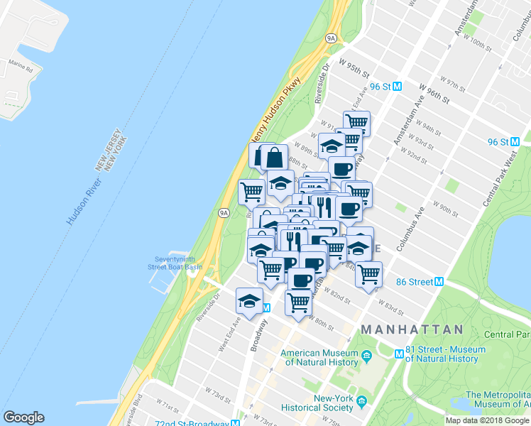 map of restaurants, bars, coffee shops, grocery stores, and more near 330 Edgar Allen Poe Street in New York