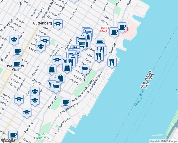 map of restaurants, bars, coffee shops, grocery stores, and more near 6400 River Road in West New York