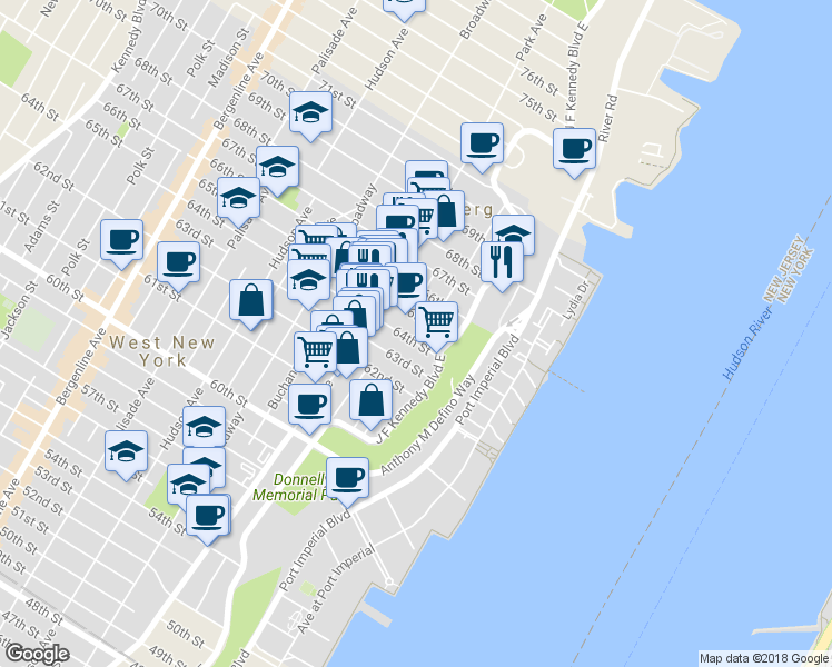 map of restaurants, bars, coffee shops, grocery stores, and more near 6401 Boulevard East in West New York
