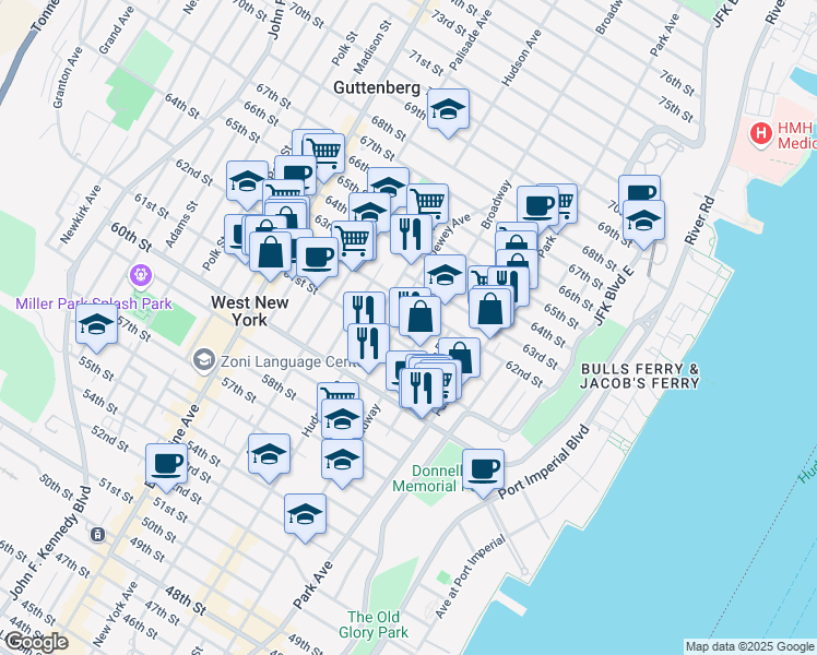 map of restaurants, bars, coffee shops, grocery stores, and more near 202 61st Street in West New York
