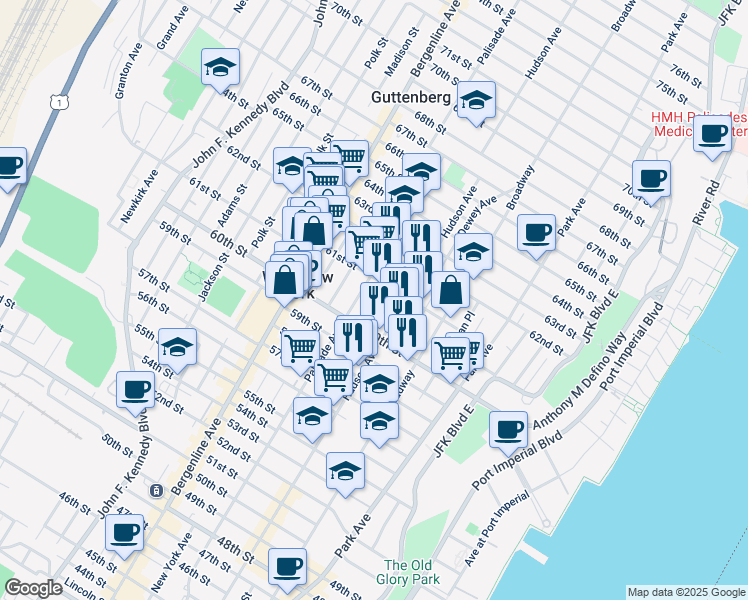 map of restaurants, bars, coffee shops, grocery stores, and more near 6015 Monroe Place in West New York