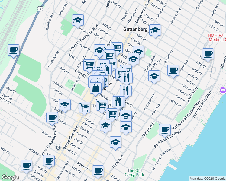 map of restaurants, bars, coffee shops, grocery stores, and more near 404 60th Street in West New York