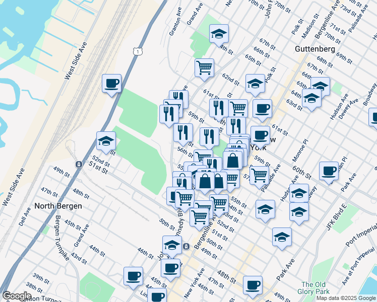 map of restaurants, bars, coffee shops, grocery stores, and more near 605 56th Street in West New York