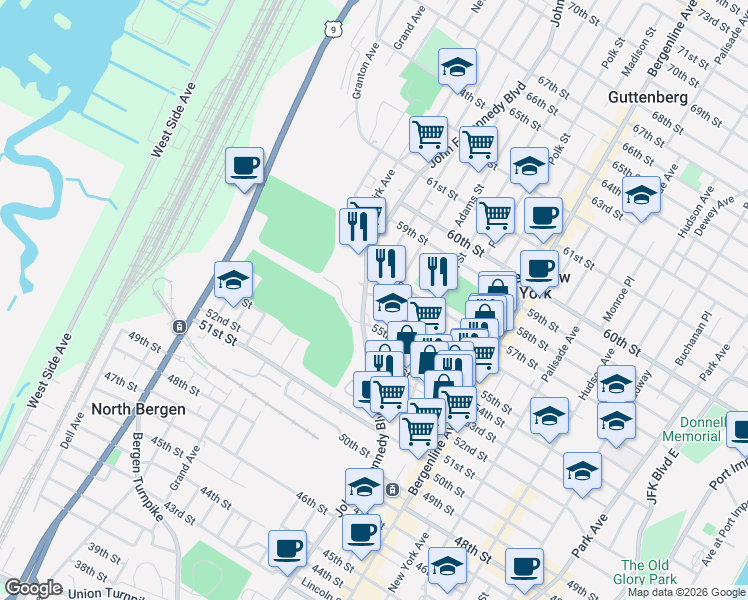 map of restaurants, bars, coffee shops, grocery stores, and more near in West New York