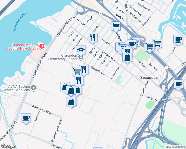 map of restaurants, bars, coffee shops, grocery stores, and more near 686 2nd Street in Secaucus