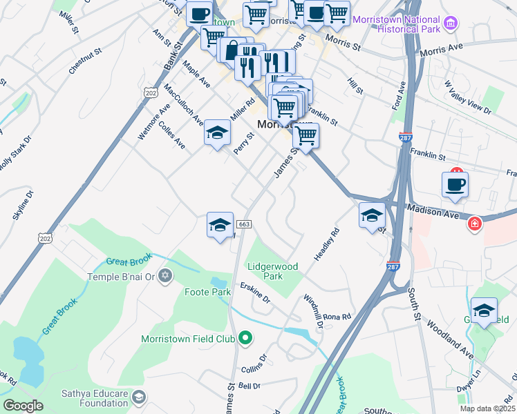 map of restaurants, bars, coffee shops, grocery stores, and more near 27 Dogwood Road in Morristown