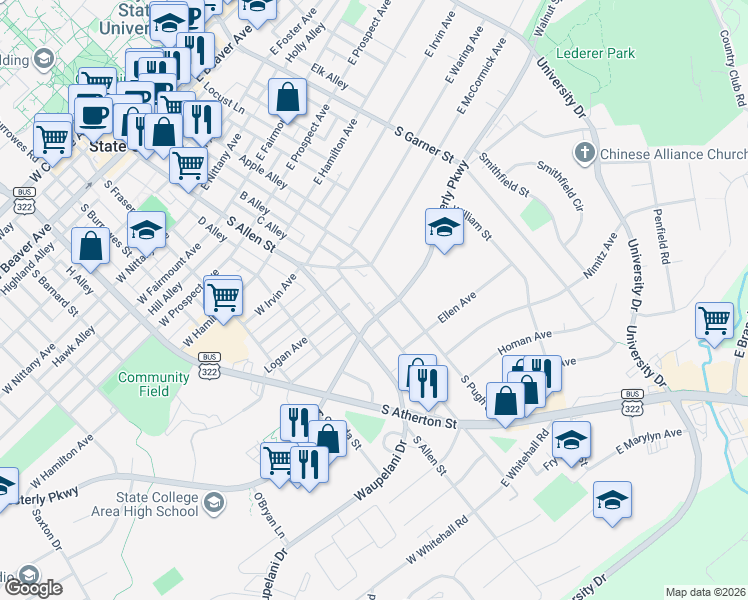 map of restaurants, bars, coffee shops, grocery stores, and more near 1012 Old Boalsburg Road in State College