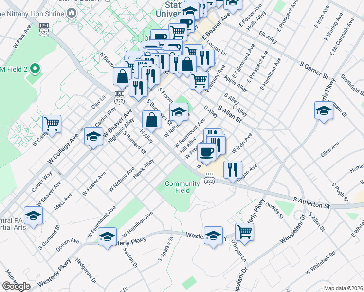 map of restaurants, bars, coffee shops, grocery stores, and more near 317 West Prospect Avenue in State College