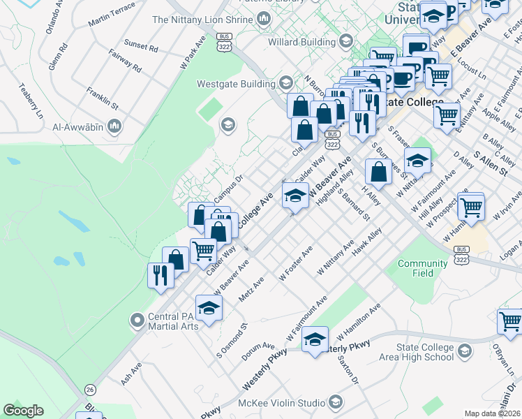 map of restaurants, bars, coffee shops, grocery stores, and more near 742 West College Avenue in State College