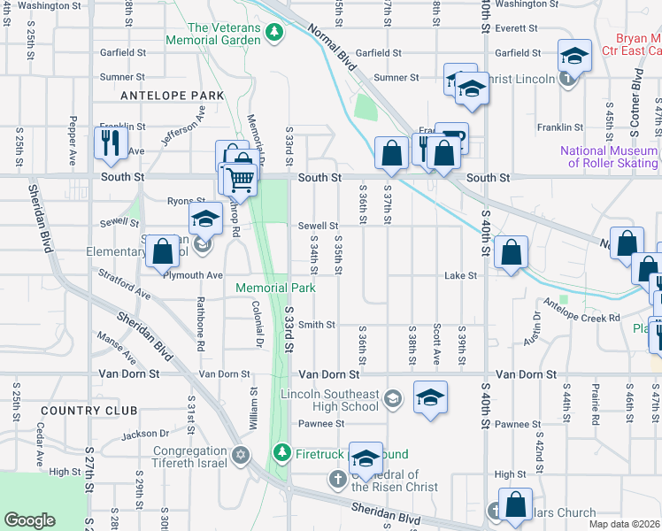 map of restaurants, bars, coffee shops, grocery stores, and more near 2505 South 35th Street in Lincoln