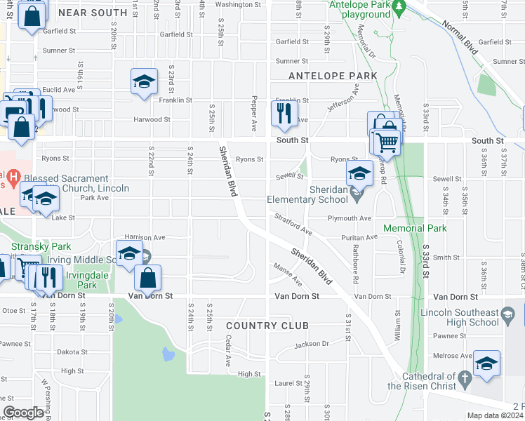 map of restaurants, bars, coffee shops, grocery stores, and more near 2701 Stratford Avenue in Lincoln