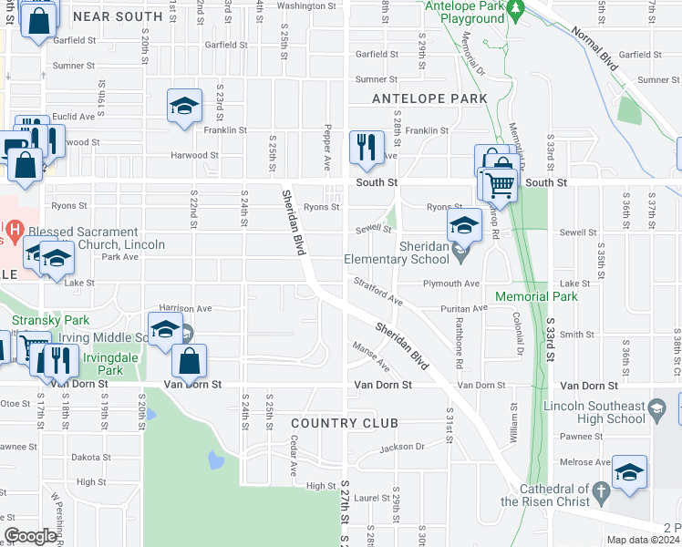 map of restaurants, bars, coffee shops, grocery stores, and more near 2457 South 27th Street in Lincoln