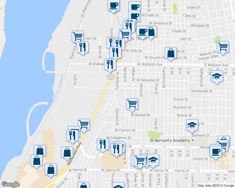 map of restaurants, bars, coffee shops, grocery stores, and more near 2133 Fairfield Street in Eureka