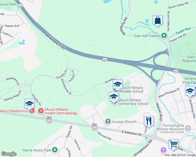 map of restaurants, bars, coffee shops, grocery stores, and more near 439 Brandywine Drive in State College