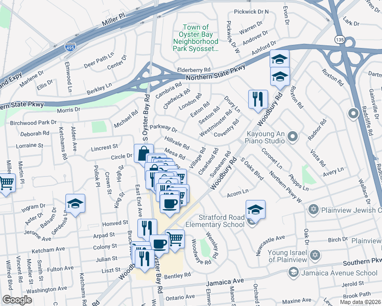 map of restaurants, bars, coffee shops, grocery stores, and more near 4 Mesa Road in Syosset