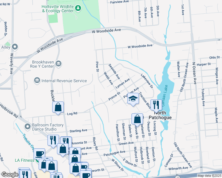map of restaurants, bars, coffee shops, grocery stores, and more near 88 Lyman Avenue in Patchogue