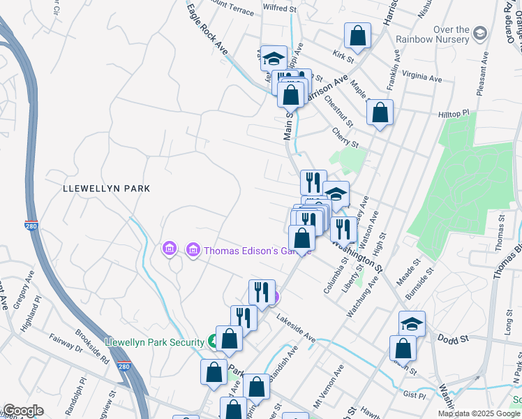 map of restaurants, bars, coffee shops, grocery stores, and more near 57 Glen Avenue in West Orange