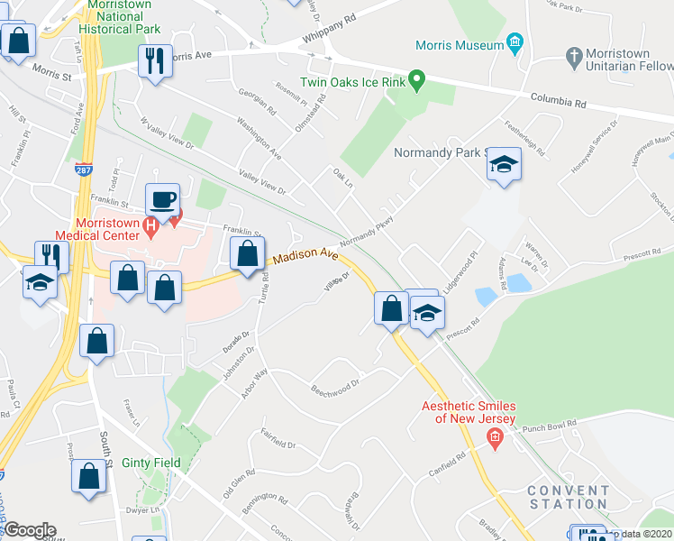 map of restaurants, bars, coffee shops, grocery stores, and more near 120 Village Drive in Morristown