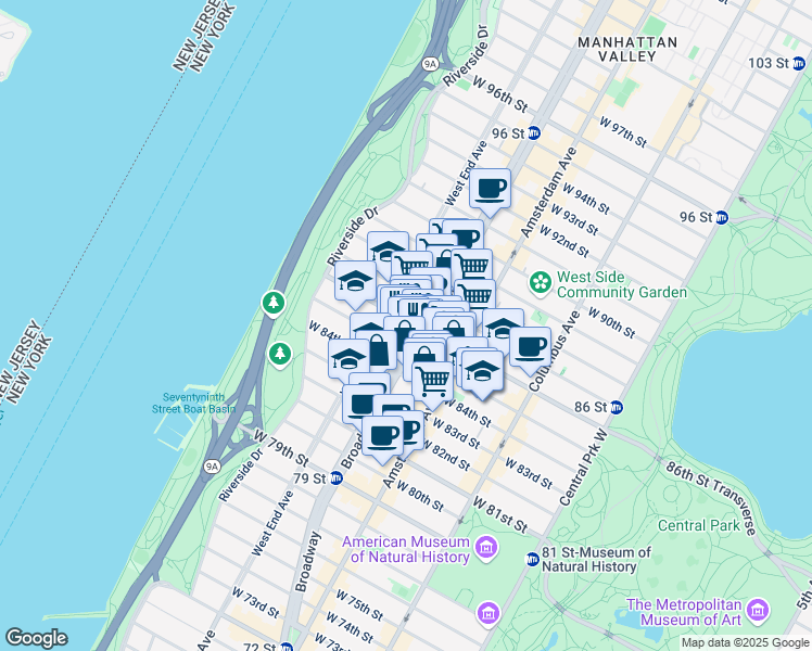 map of restaurants, bars, coffee shops, grocery stores, and more near 250 West 86th Street in New York