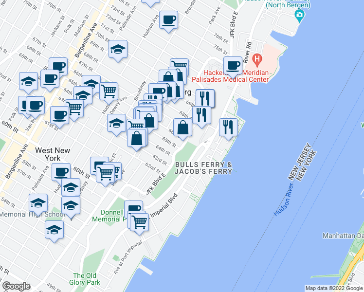 map of restaurants, bars, coffee shops, grocery stores, and more near 6400 River Road in West New York