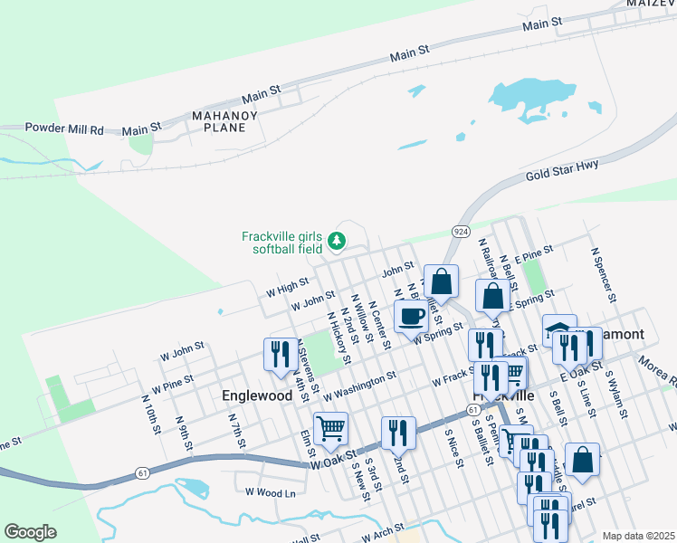 map of restaurants, bars, coffee shops, grocery stores, and more near 323 North 2nd Street in Frackville