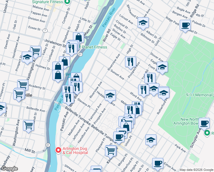 map of restaurants, bars, coffee shops, grocery stores, and more near 120 Melrose Avenue in North Arlington
