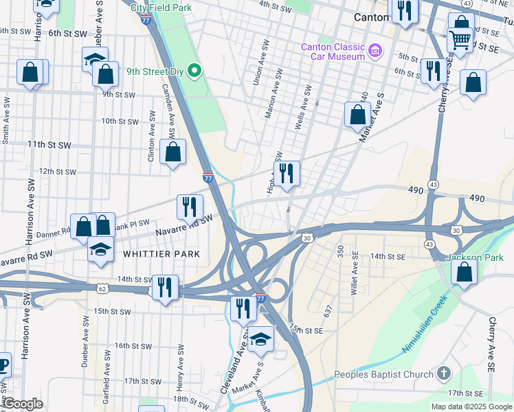 map of restaurants, bars, coffee shops, grocery stores, and more near 1225 High Avenue Southwest in Canton