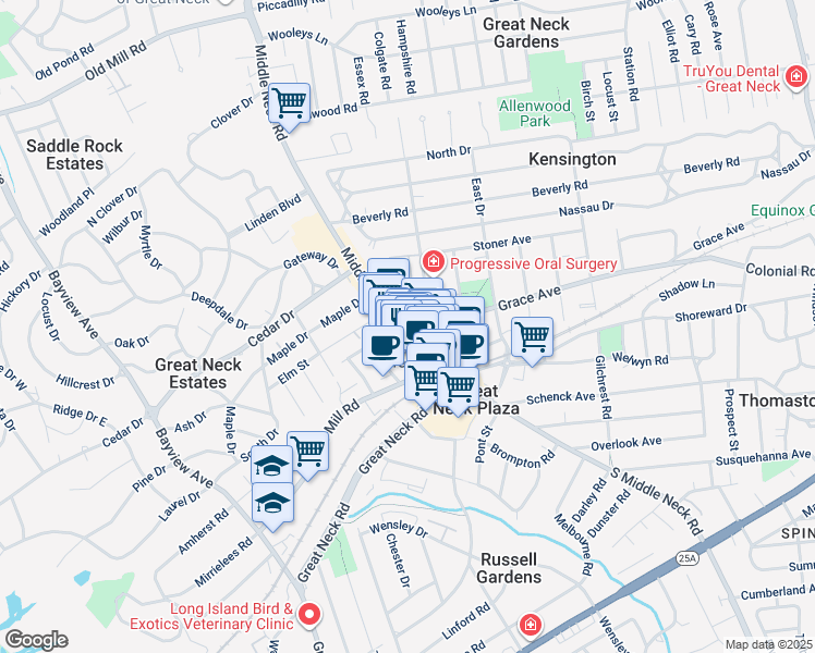 map of restaurants, bars, coffee shops, grocery stores, and more near 8 Bond Street in Great Neck Plaza