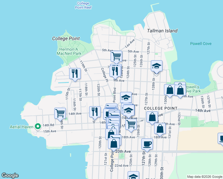 map of restaurants, bars, coffee shops, grocery stores, and more near 121-09 12th Avenue in Queens