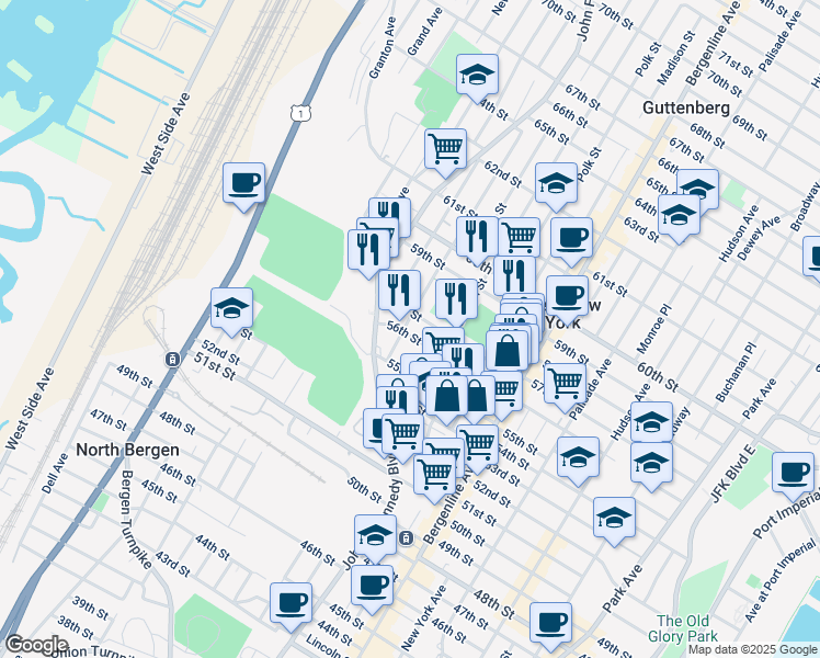 map of restaurants, bars, coffee shops, grocery stores, and more near 605 56th Street in West New York