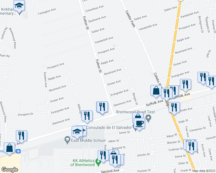 map of restaurants, bars, coffee shops, grocery stores, and more near 35 Evergreen Avenue in Brentwood